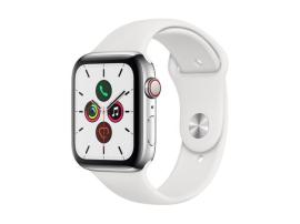 Apple watch series 5 gps + cellular, 44mm stal nierdzewna, srebrny z białym paskiem na raty
