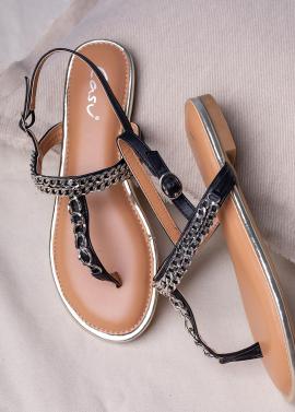 Czarne sandały japonki płaskie z ozdobnym srebrnym łańcuszkiem casu rt20x7/b na raty