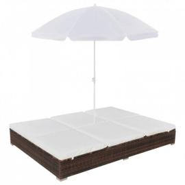 Leżak ogrodowy z parasolem, polirattan, brązowy na raty