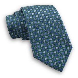 Zielony męski stylowy krawat -chattier- 7,5cm, klasyczny, w niebieskie kwiatki, szeroki na raty