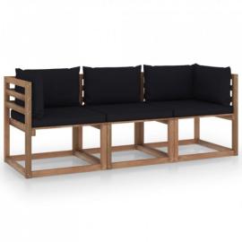 Ogrodowa sofa 3-os. z palet, z czarnymi poduszkami, sosna na raty